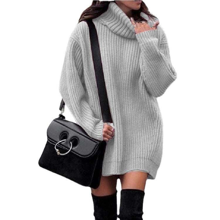 Women Oversized Long Sweater with Roll Neck, Ribbed Fine Knit and Figure-Flattering Tunic Length Mune Fashion