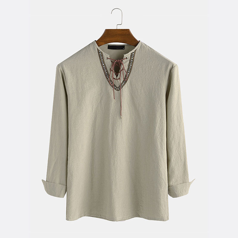 Men's linen tunic shirt with lacing and ethnic border Mune Fashion