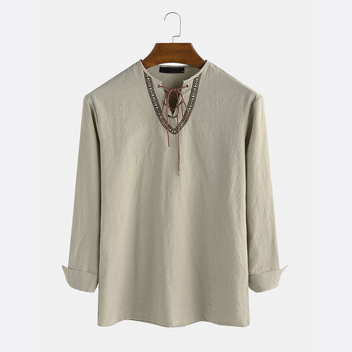 Men's linen tunic shirt with lacing and ethnic border Mune Fashion
