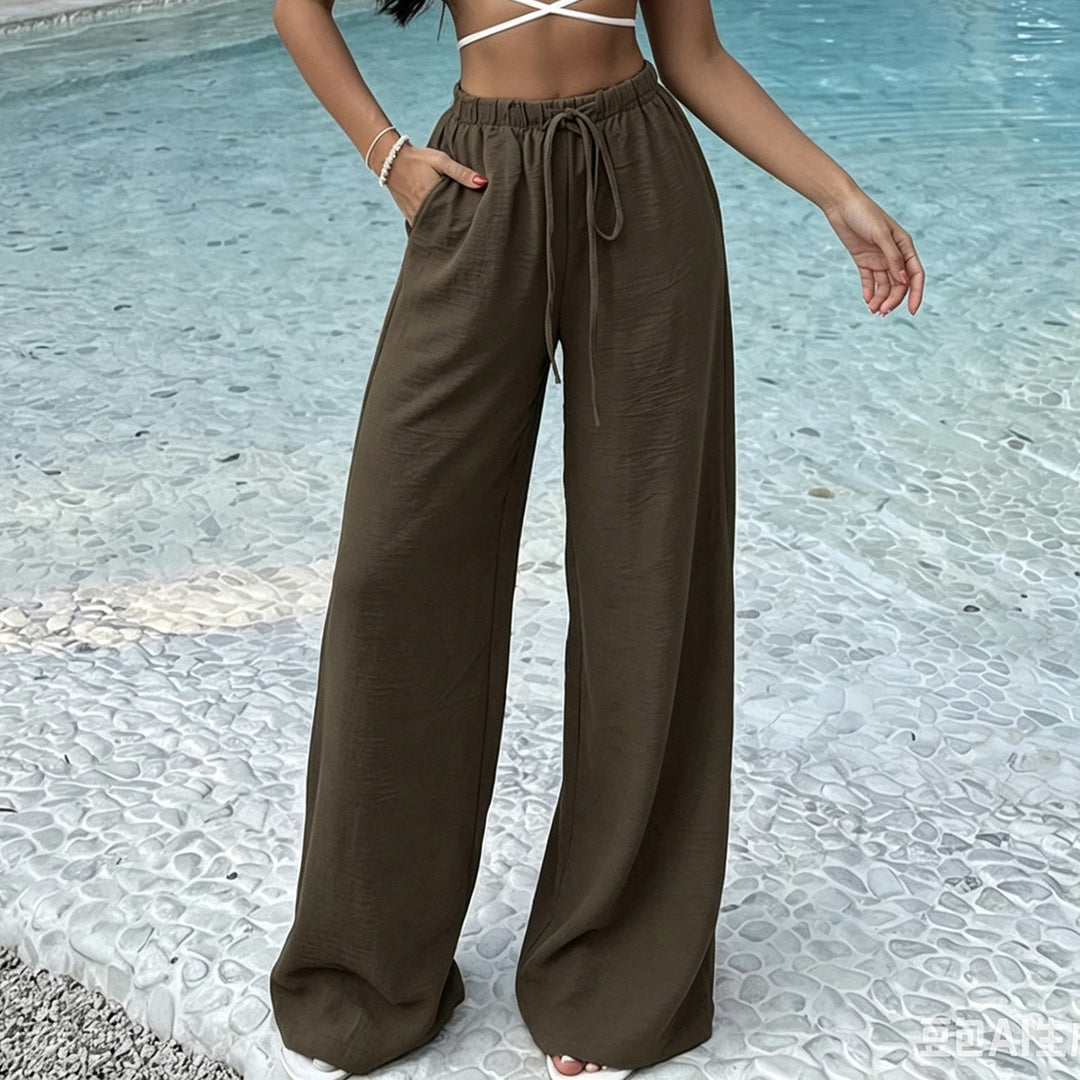 Women's Wide Lounge Pants with Elastic Waist and Drawstring Mune Fashion