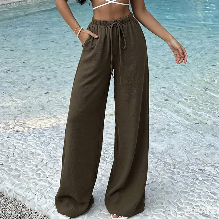 Women's Wide Lounge Pants with Elastic Waist and Drawstring Mune Fashion