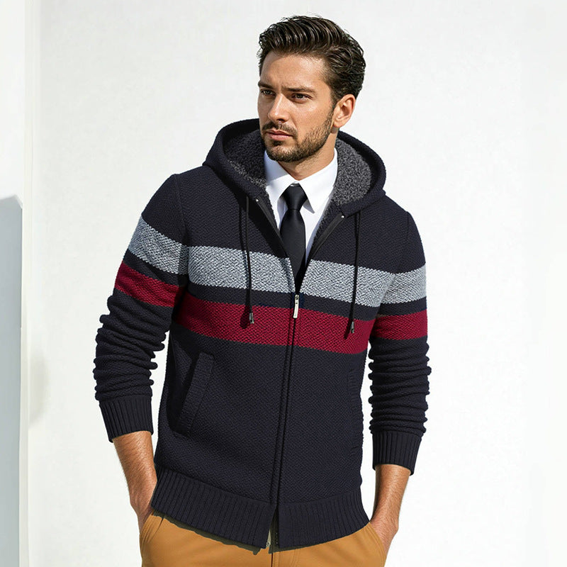 Men's Structured Hooded Cardigan with Contrast Stripes and Full Zip Mune Fashion