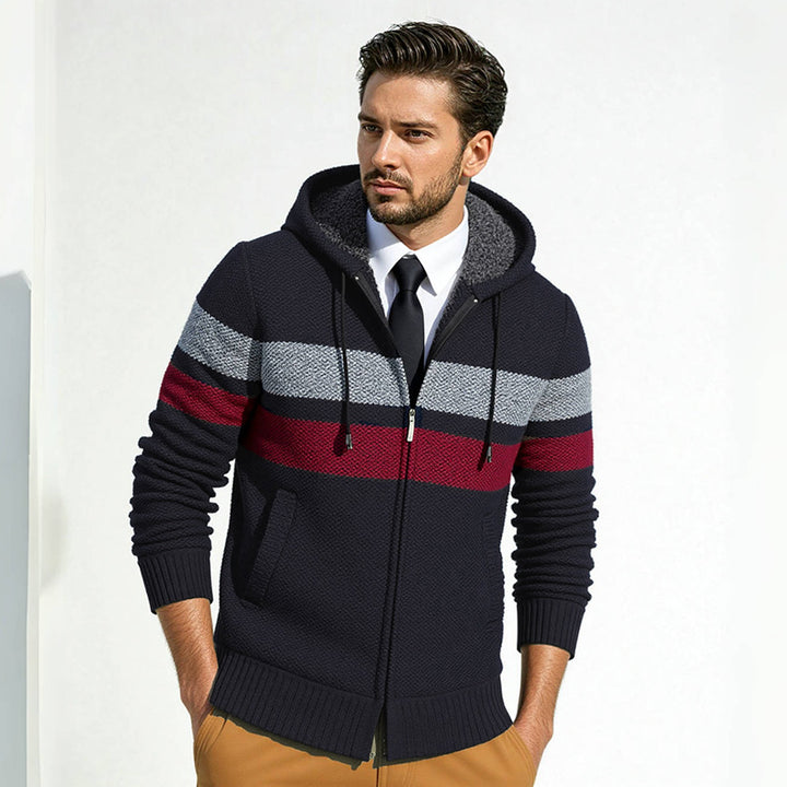 Men's Structured Hooded Cardigan with Contrast Stripes and Full Zip Mune Fashion