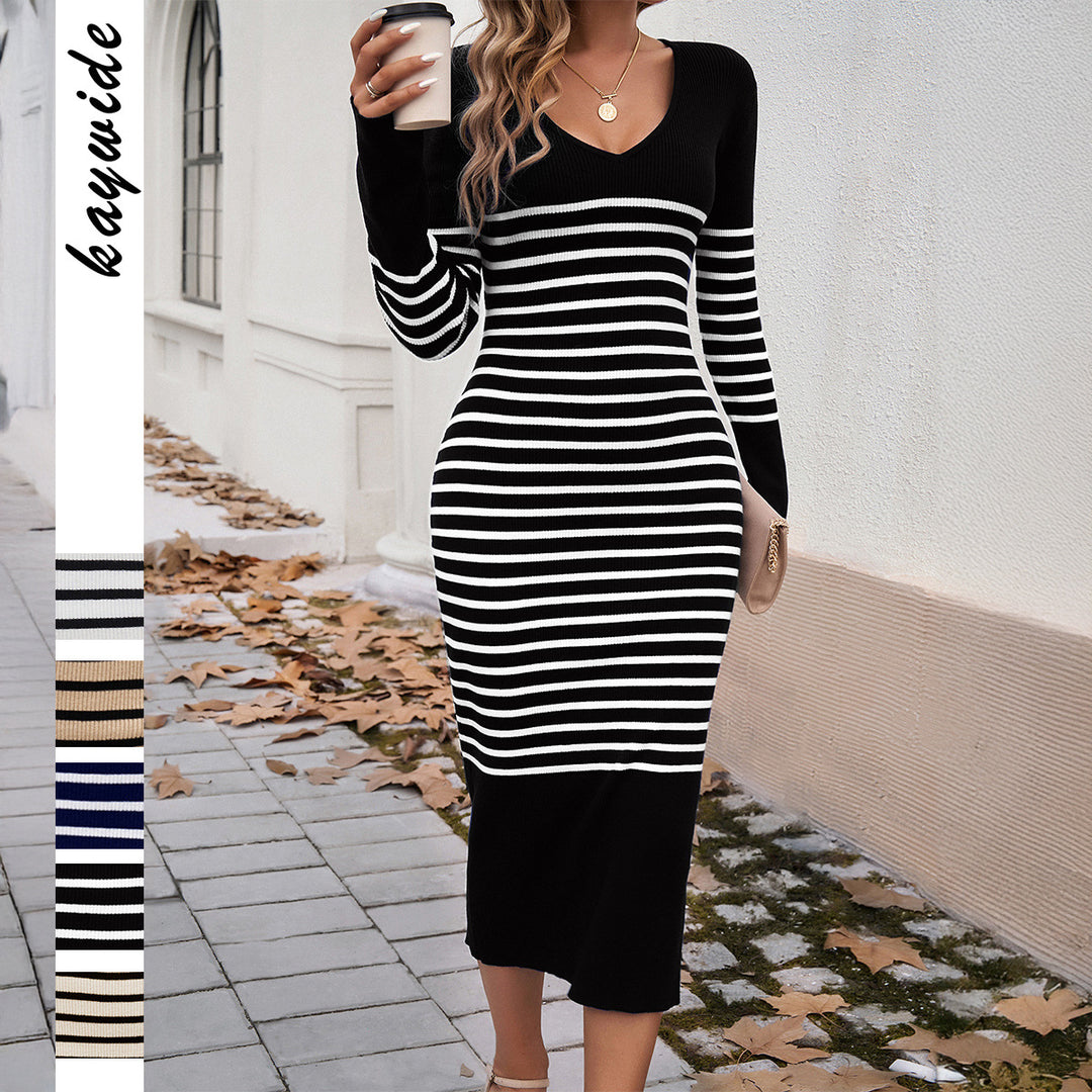 Women's ribbed striped midi dress with V-neck, fitted silhouette, and flared sleeves Mune Fashion