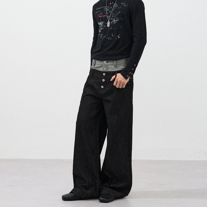 Men's Wide Cut Double-Breasted Denim Palazzo Trousers with Visible Button Placket Mune Fashion