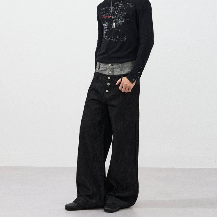 Men's Wide Cut Double-Breasted Denim Palazzo Trousers with Visible Button Placket Mune Fashion