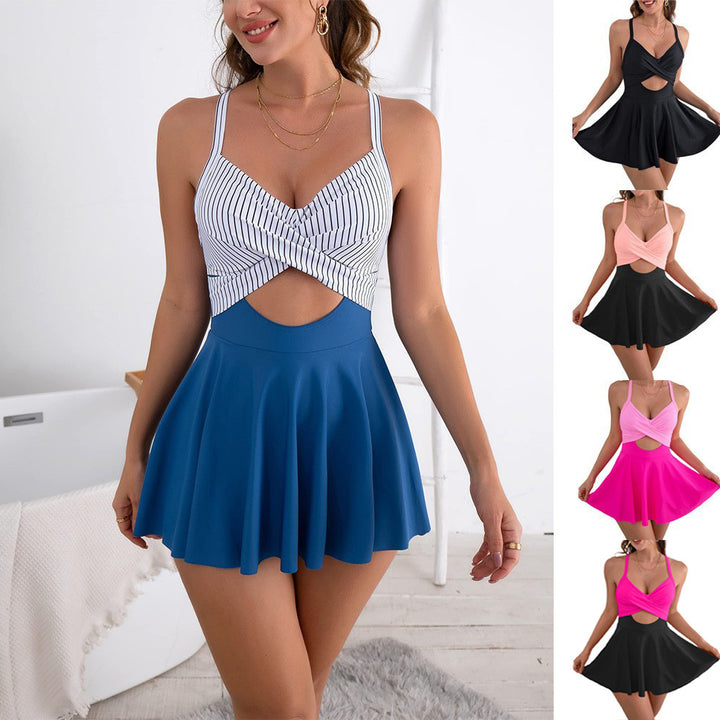 Women's One-Piece Swimsuit with Wrap Skirt and Trendy Cut-Out Mune Fashion