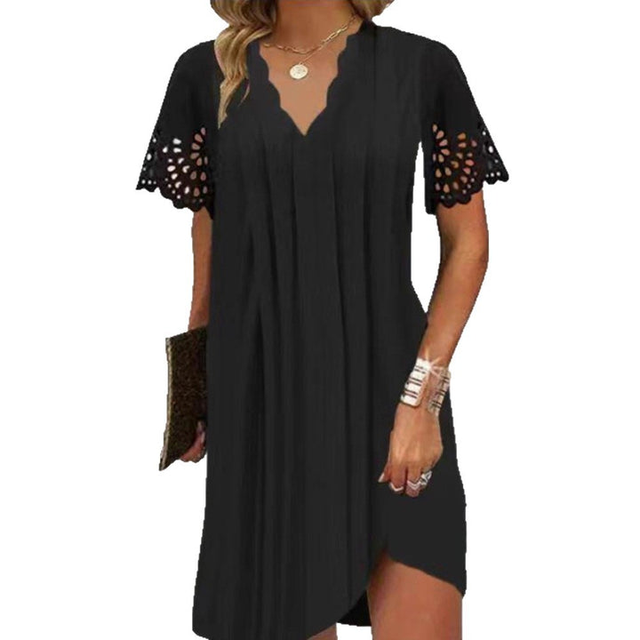 Women's Midi Dress with Curved V-Neck Edge, Eyelet Embroidery Sleeves, and Light A-Line Cut Mune Fashion