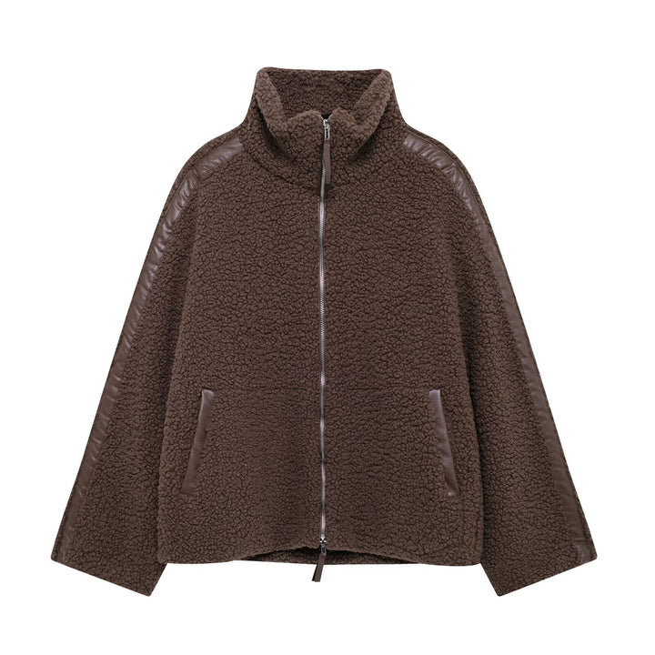 Women's Teddy Fleece Jacket with Stand-up Collar and Leather-Look Details Mune Fashion