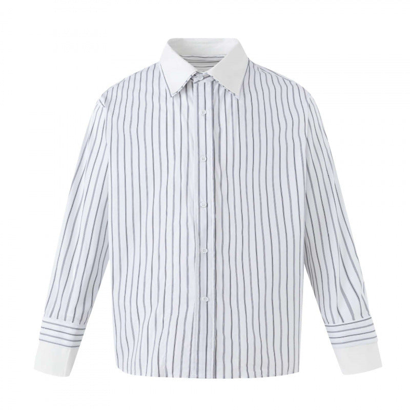 Women's Oversized Shirt Blouse with Pinstripes, Contrast Collar and Cuffs Mune Fashion