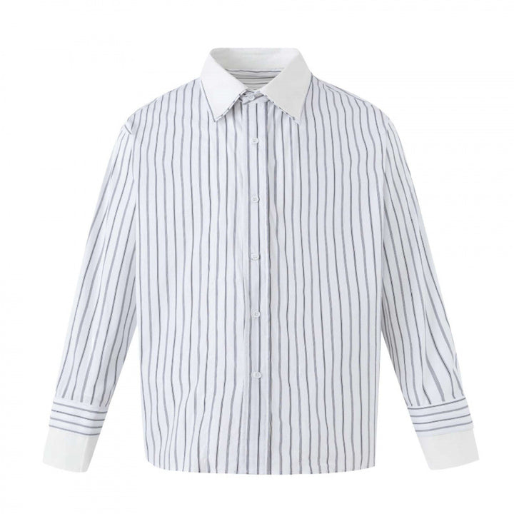 Women's Oversized Shirt Blouse with Pinstripes, Contrast Collar and Cuffs Mune Fashion