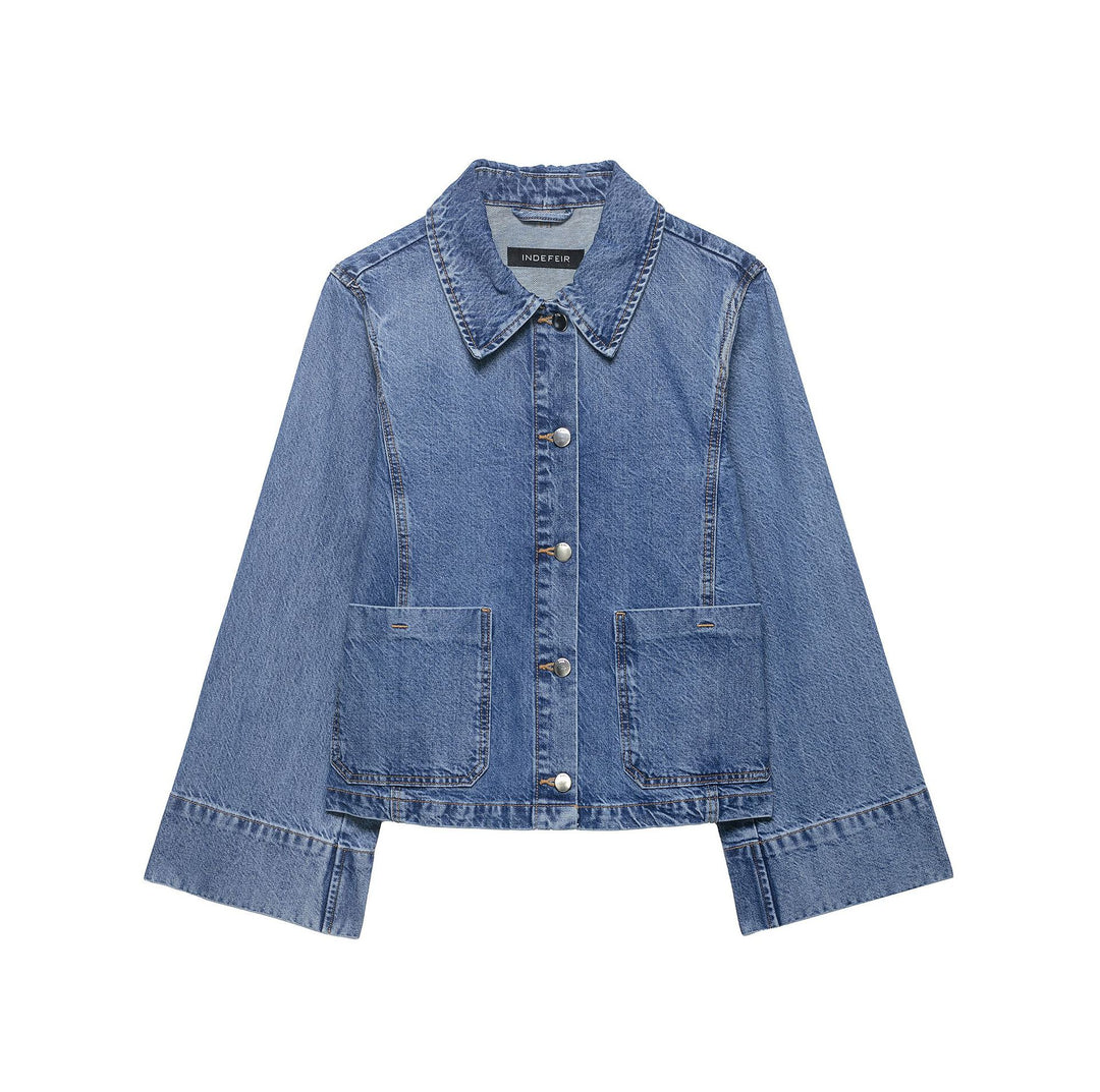 Women's Cropped Oversized Denim Jacket with Large Patch Pockets and Visible Button Placket Mune Fashion