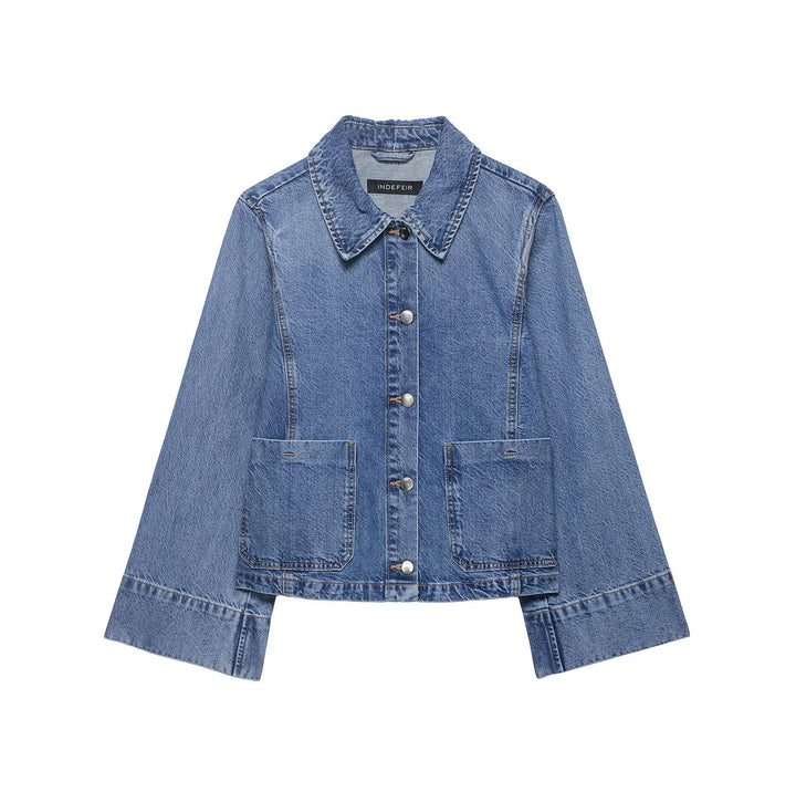 Women's Cropped Oversized Denim Jacket with Large Patch Pockets and Visible Button Placket Mune Fashion