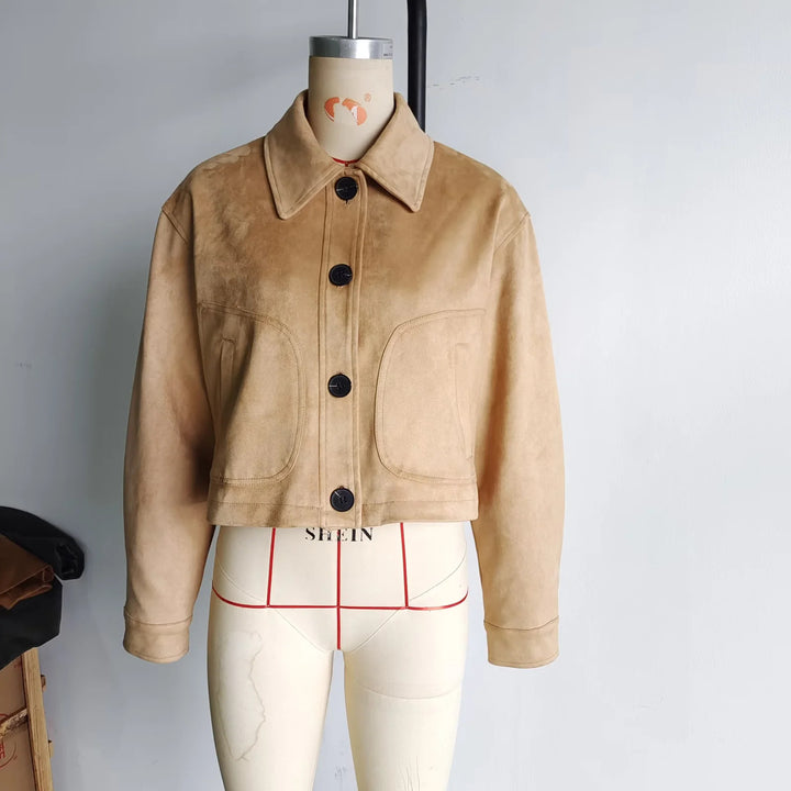 Women's short oversized suede imitation jacket with large shirt collar and patch pockets Mune Fashion
