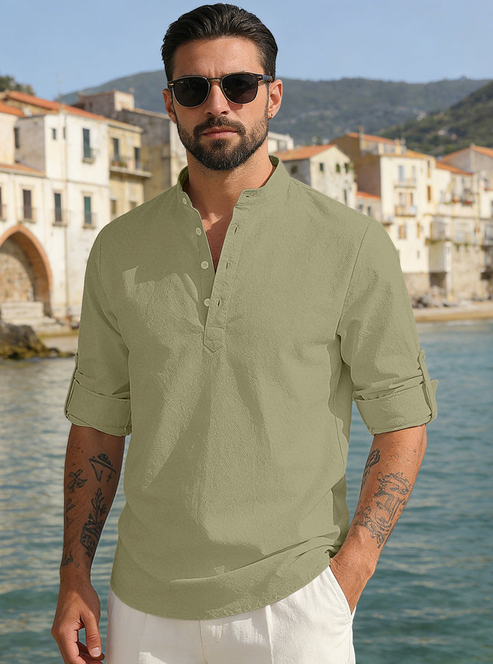 Men's lightweight half-button shirt made of linen blend with stand-up collar and roll-up sleeves Mune Fashion