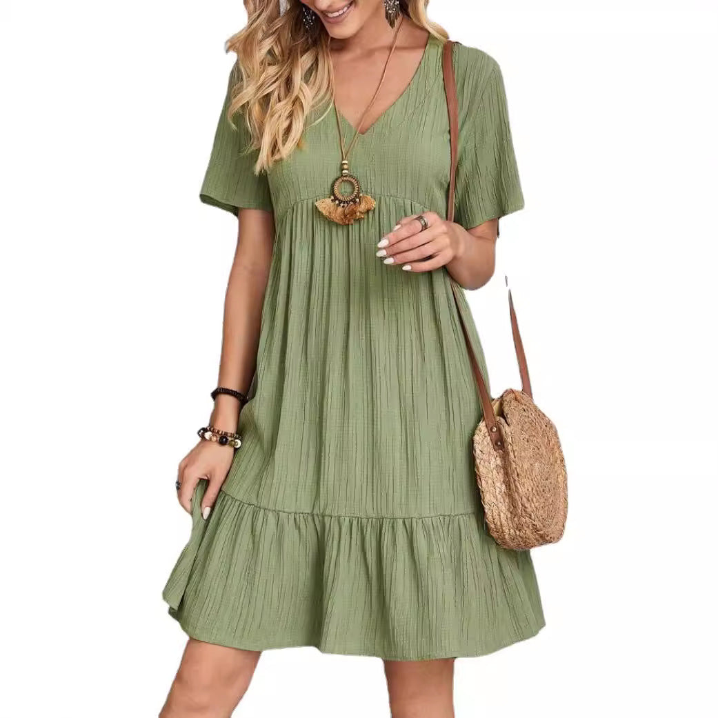 Ladies Nan Crepe Short Dress with V-Neck, Gathered Empire Seam and Ruffled Hem Mune Fashion