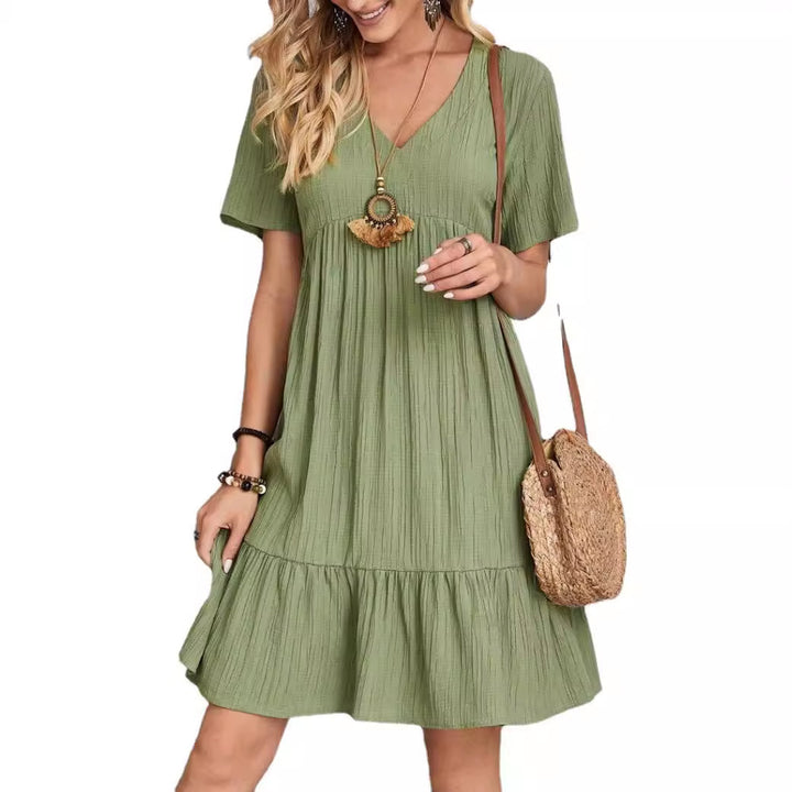Ladies Nan Crepe Short Dress with V-Neck, Gathered Empire Seam and Ruffled Hem Mune Fashion