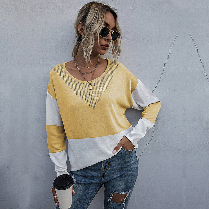 Women's Casual Knitted Sweater with V-Neck and Color Block Mune Fashion
