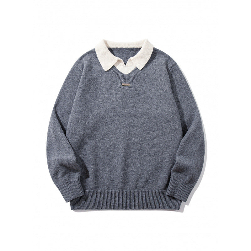 Men's Relaxed Merino-Mix Knit Sweater with Contrasting Polo Collar and V-Detail Mune Fashion