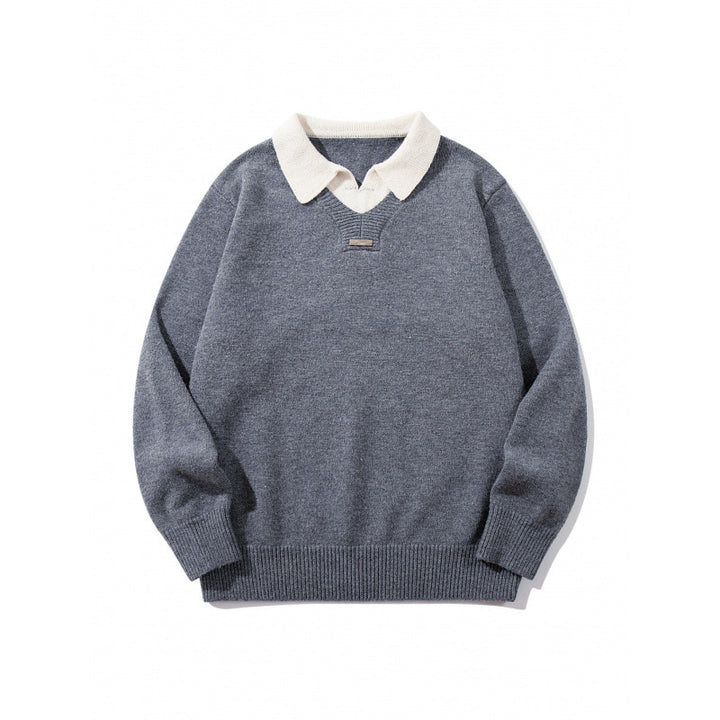 Men's Relaxed Merino-Mix Knit Sweater with Contrasting Polo Collar and V-Detail Mune Fashion