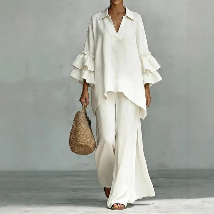 Ladies Linen Loungewear Set with Ruffle Sleeves and Wide Palazzo Pants Mune Fashion