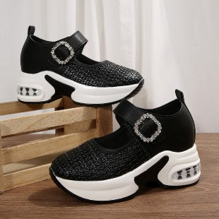 Women's Platform Sneaker Mules with Knitted Upper, Decorative Straps and Sculpted Air Sole Mune Fashion
