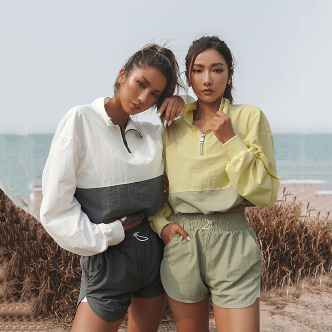 Women's sporty short training set with half zipper, drawstring and elastic running shorts Mune Fashion