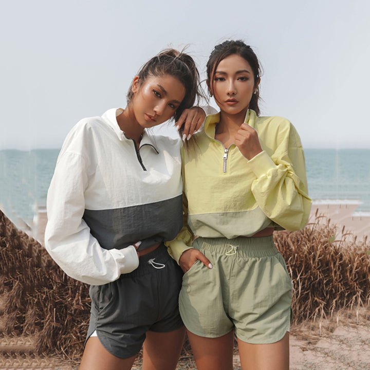 Women's sporty short training set with half zipper, drawstring and elastic running shorts Mune Fashion