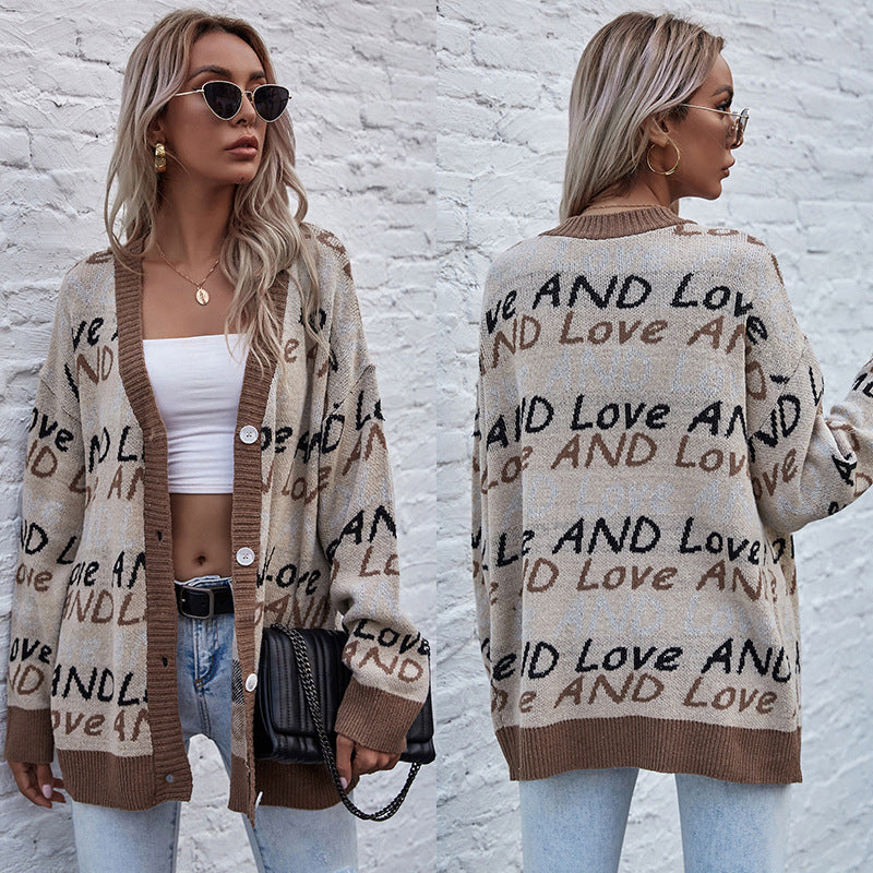 Women's Oversized Knit Cardigan with Jacquard Text Pattern, V-Neck & Button Placket Mune Fashion