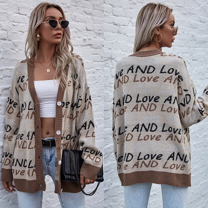 Women's Oversized Knit Cardigan with Jacquard Text Pattern, V-Neck & Button Placket Mune Fashion