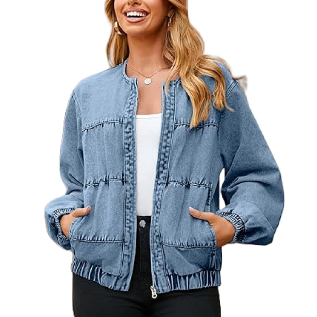 Women's bomber-style denim jacket with round neck, piping seams, and elastic hem Mune Fashion