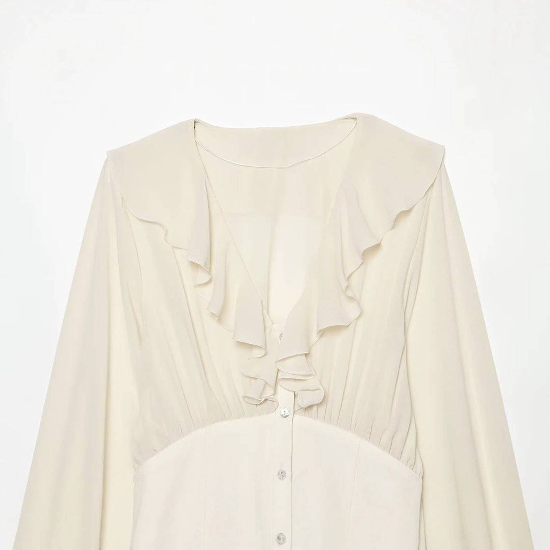 Women Ruffled Viscose Blouse with Ruffled Collar and Tailored Yoke Drune