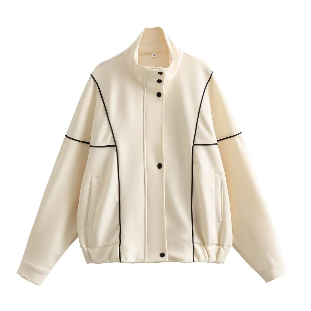 Women's Boxy Oversize Bomber Jacket with Contrast Piping and Stand-Up Collar Mune Fashion
