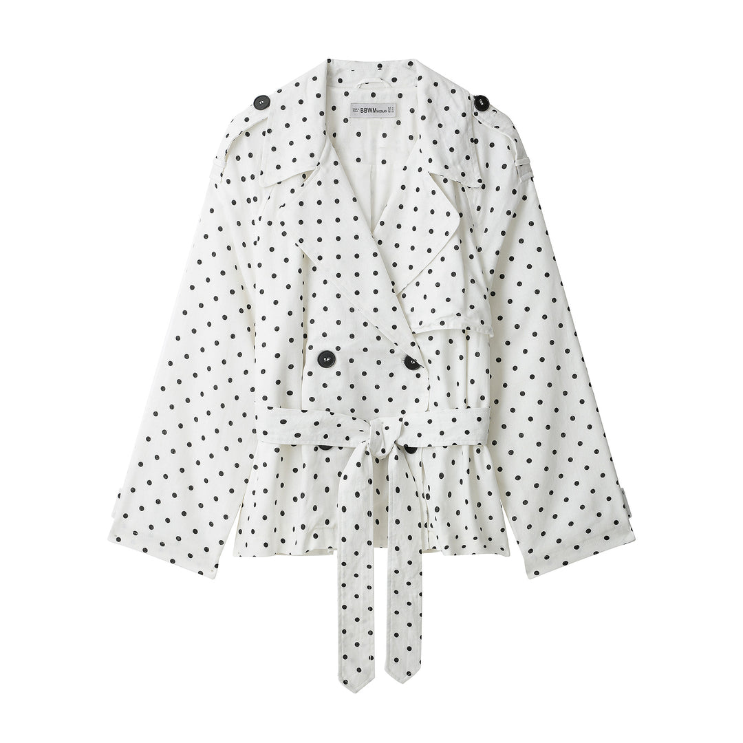 Women Polka Dot Cropped Trench Coat with Waist Belt and Double-Breasted Button Placket Mune Fashion