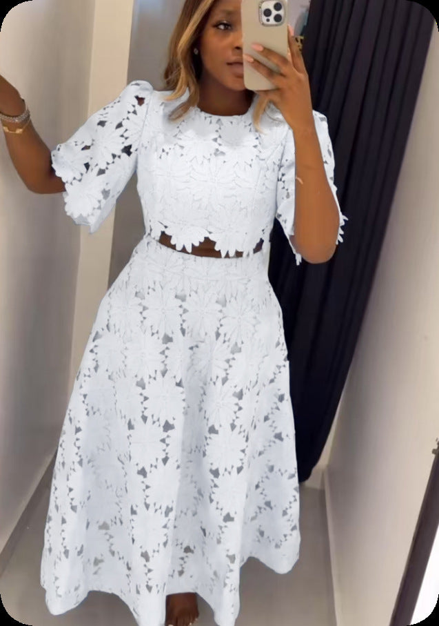 Ladies two-piece guipure lace set with cropped blouse and flared midi skirt Mune Fashion