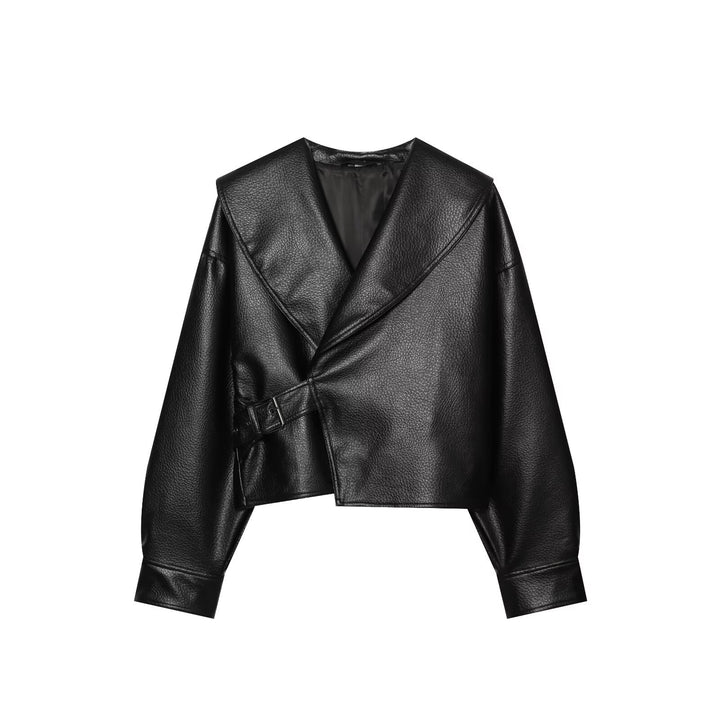Women's Cropped Leather-Look Jacket with Oversized Shawl Collar and Tailoring Buckle Belt Mune Fashion
