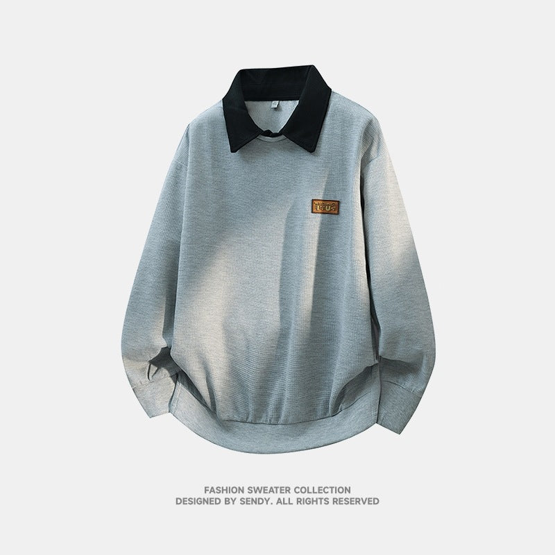 Men's Loose Fit Polo Sweatshirt with Contrast Collar and Waffle Texture Mune Fashion
