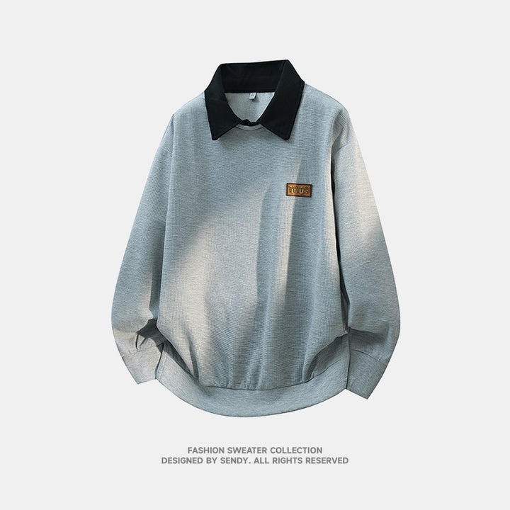 Men's Loose Fit Polo Sweatshirt with Contrast Collar and Waffle Texture Mune Fashion