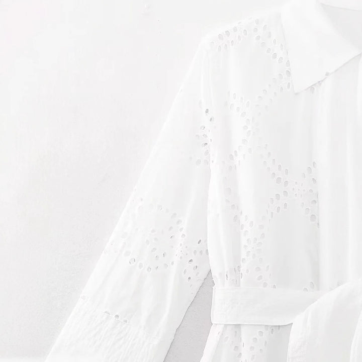 Women's long Broderie-Anglaise shirt dress with waist belt Mune Fashion