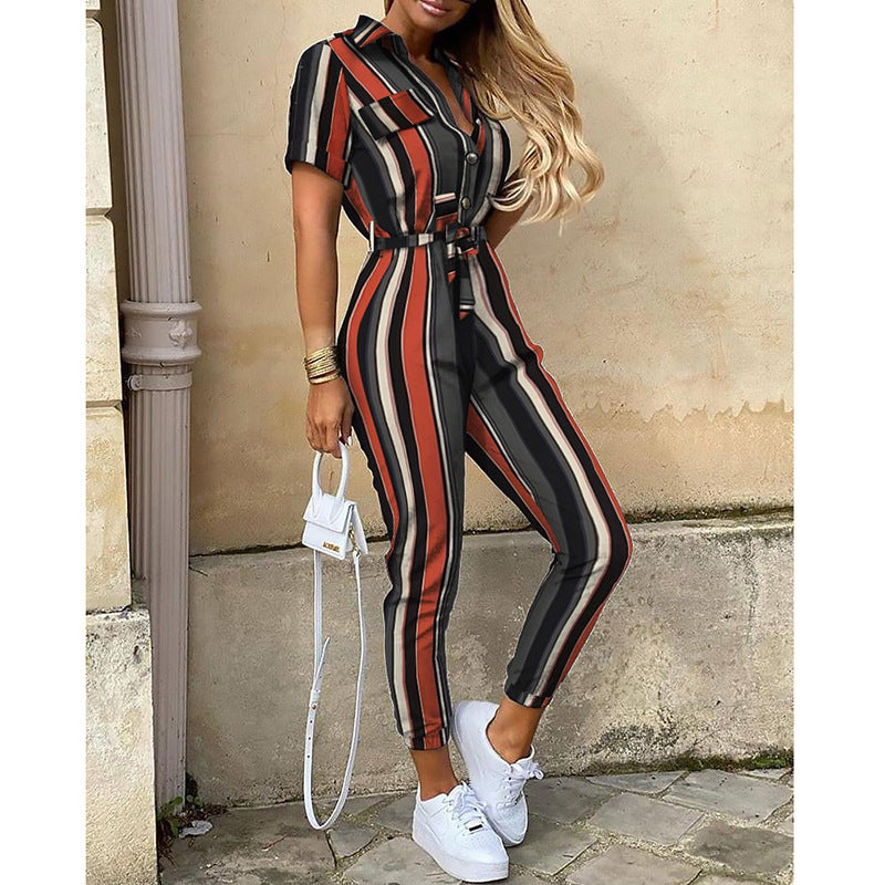 Women Short Sleeve Utility Overall with Waist Tie Belt and Slim Jogger Legs Mune Fashion