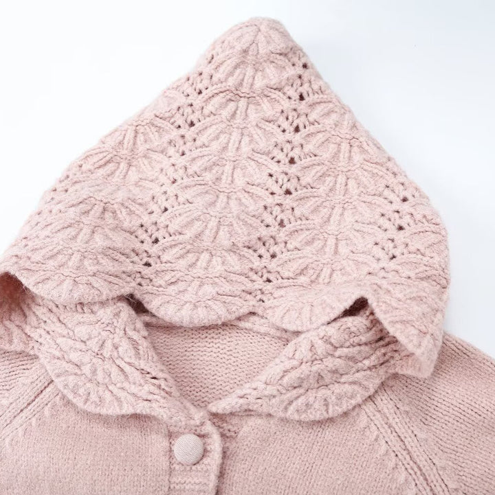 Women's fine knit cardigan with hood, button placket and crocheted trim Mune Fashion