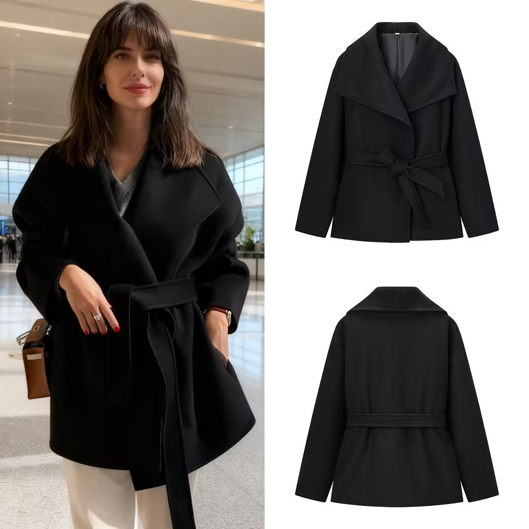 Women's Short Wool Blend Coat with Wide Shawl Collar and Waist Belt Mune Fashion