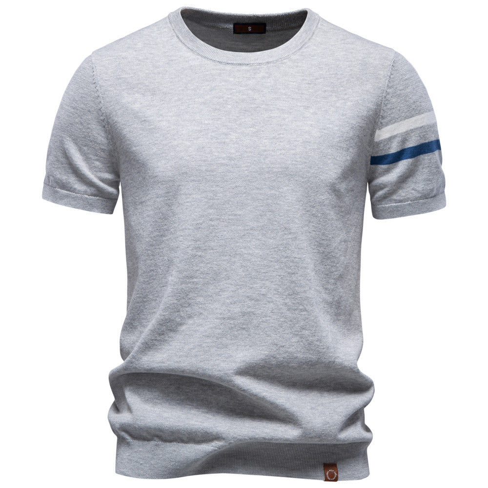 Men's fine cotton knit shirt with round neckline, short sleeves and contrasting sleeve stripes Mune Fashion