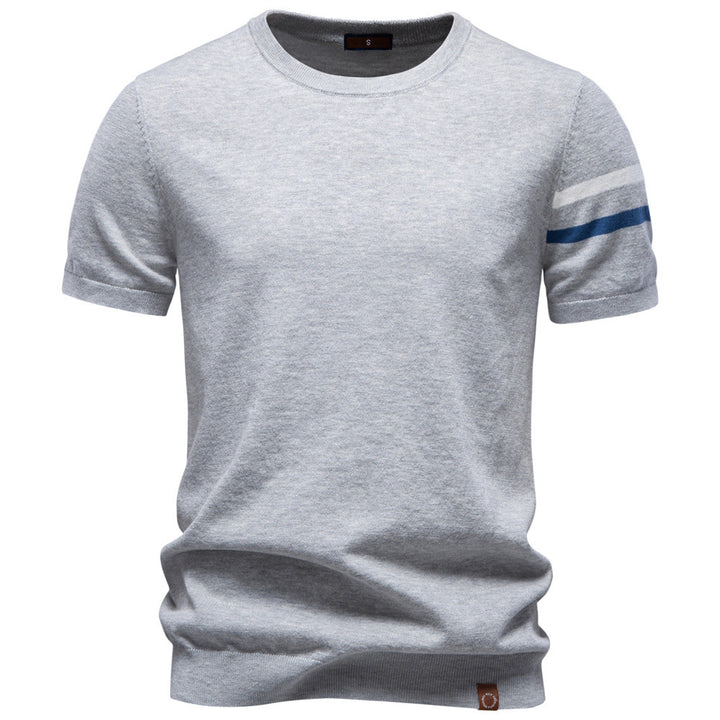 Men's fine cotton knit shirt with round neckline, short sleeves and contrasting sleeve stripes Mune Fashion
