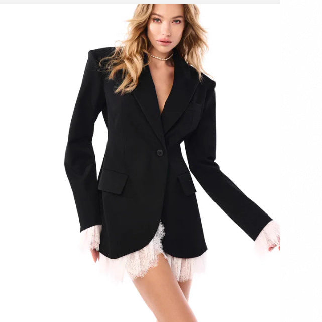 Women's longer tailored blazer coat with lapel collar and patch pockets Mune Fashion