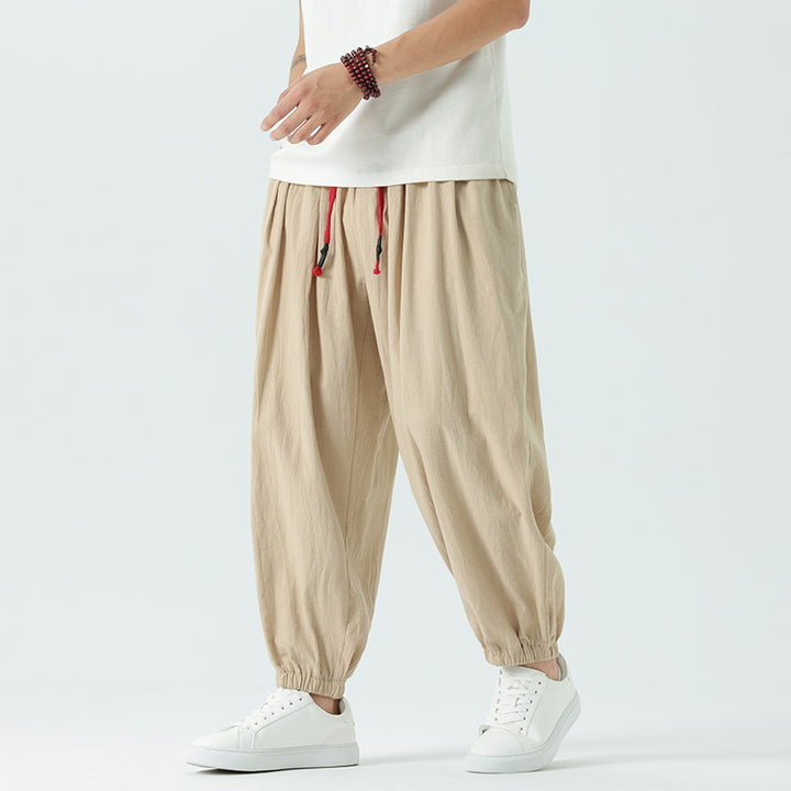 Men's loosely cut linen-cotton pants with drawstring and elastic cuffs Mune Fashion