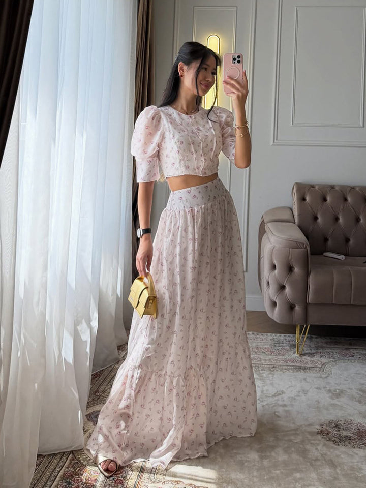 Women's Two-Piece Chiffon Set with Cropped Puff Blouse and Tiered Maxi Skirt Mune Fashion