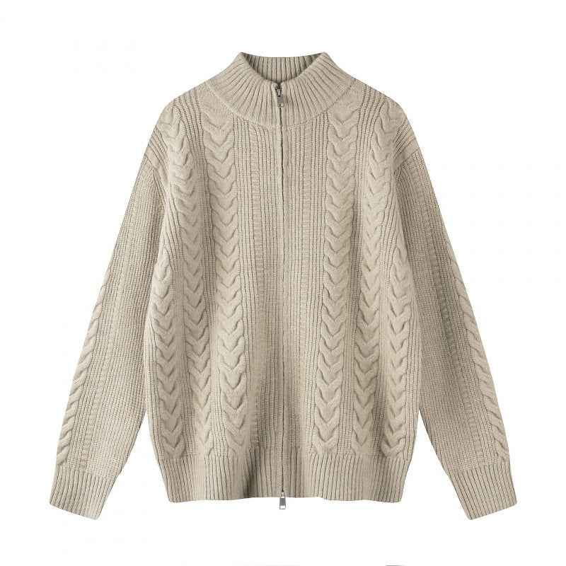 Women chunky knitted cable knit cardigan with full zip and standing collar Mune Fashion