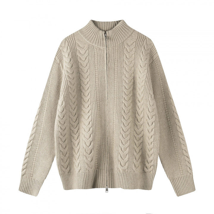 Women chunky knitted cable knit cardigan with full zip and standing collar Mune Fashion