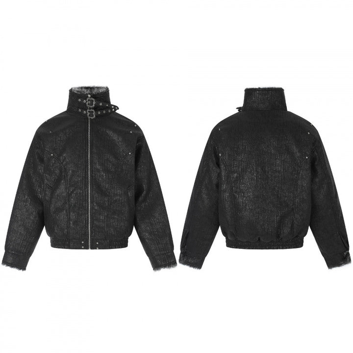 Men's Short Biker-Inspired Faux Leather Bomber Jacket with Studs, Double Buckle Collar and Teddy Lining Mune Fashion